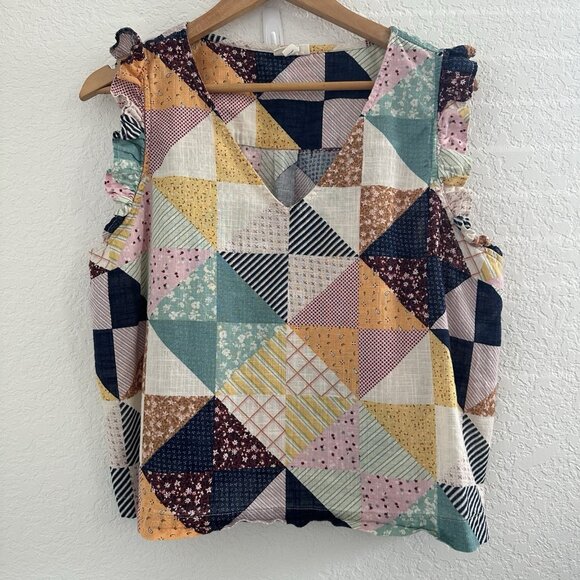 a.n.a Blouse Womens XL 100% Cotton Boxy Ruffle Patchwork Boho Cottage Peasant - Picture 1 of 8